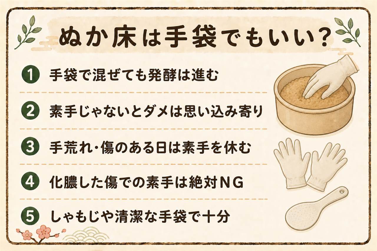 ぬか床の混ぜ方カード:手袋で混ぜても床は育つ、発酵の主役は床の乳酸菌と酵母、手荒れや傷の日は使い捨て手袋かしゃもじ、化膿した傷のある手で素手は絶対NG、素手の日は石けん洗いと混ぜたあとの保湿をセットに