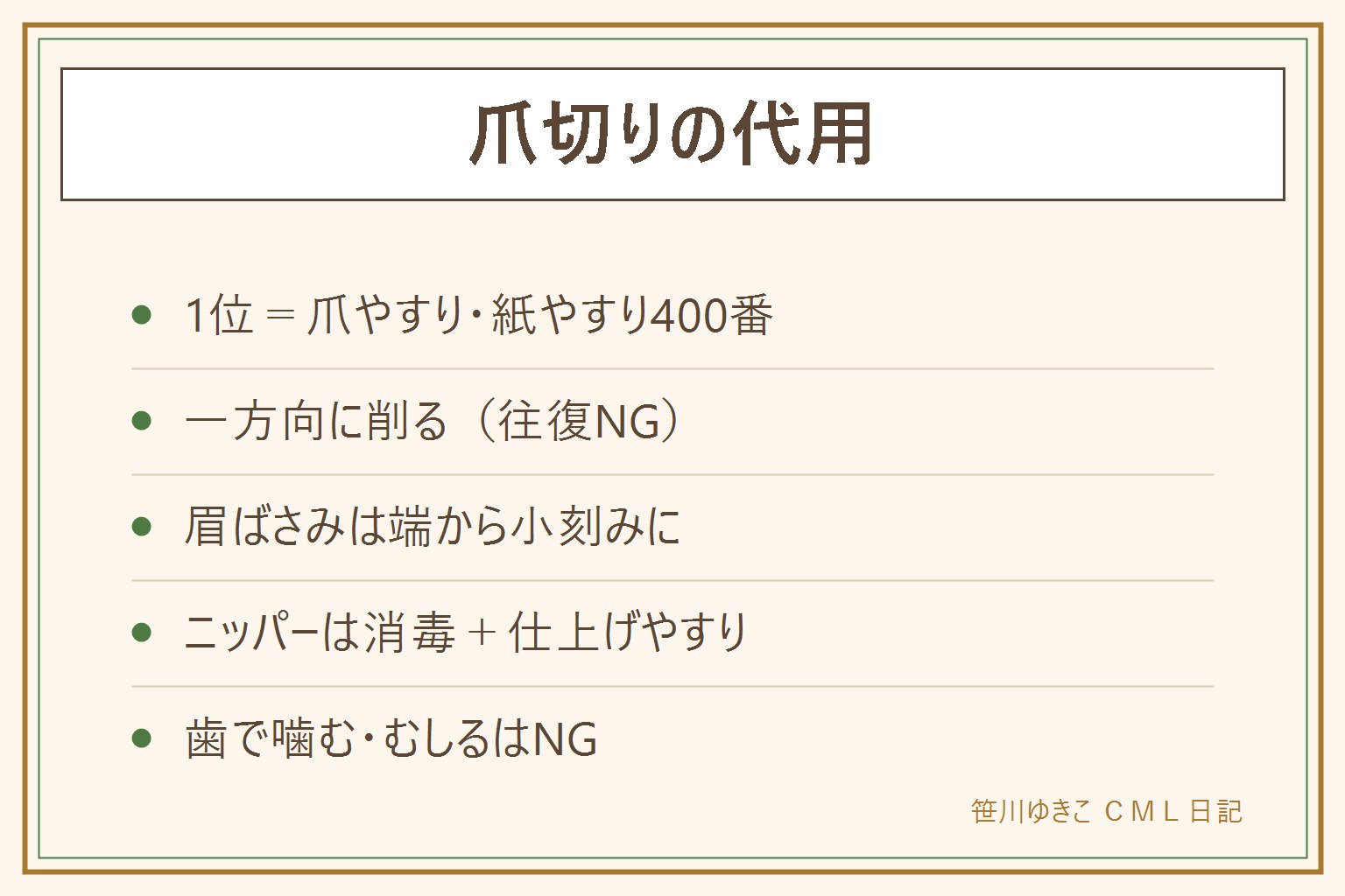 爪切りの代用早見表:1位は爪やすりか400番前後の紙やすりで一方向に削る。2位は眉ばさみで端から小刻みに深爪注意。3位は消毒したニッパーで少しずつ。歯で噛む・むしるは二枚爪と雑菌のもとでNG。旅先はコンビニ、ホテル貸出、100均で調達。割れた爪はやすりで整えて絆創膏で保護