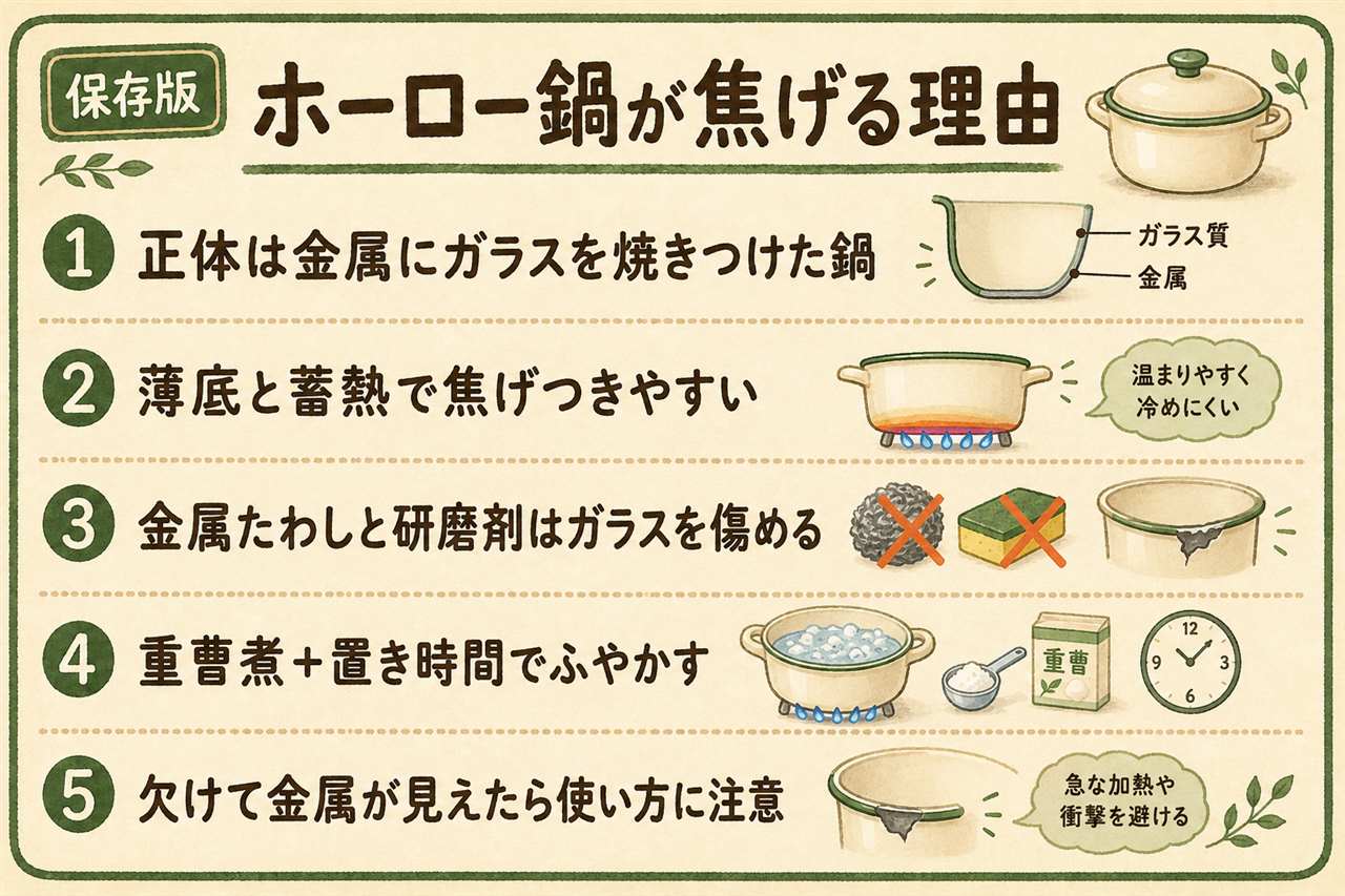 ホーロー鍋の焦げ早見カード:表面はガラス質なので重曹を溶かして10分煮て一晩置き木べらでそっとはがす、金属たわしとクレンザーと重曹の粉こすりはNG、空焚きと熱い鍋への冷水は剥がれの原因、茶色い着色は酸素系漂白剤・白い曇りは酢で対処