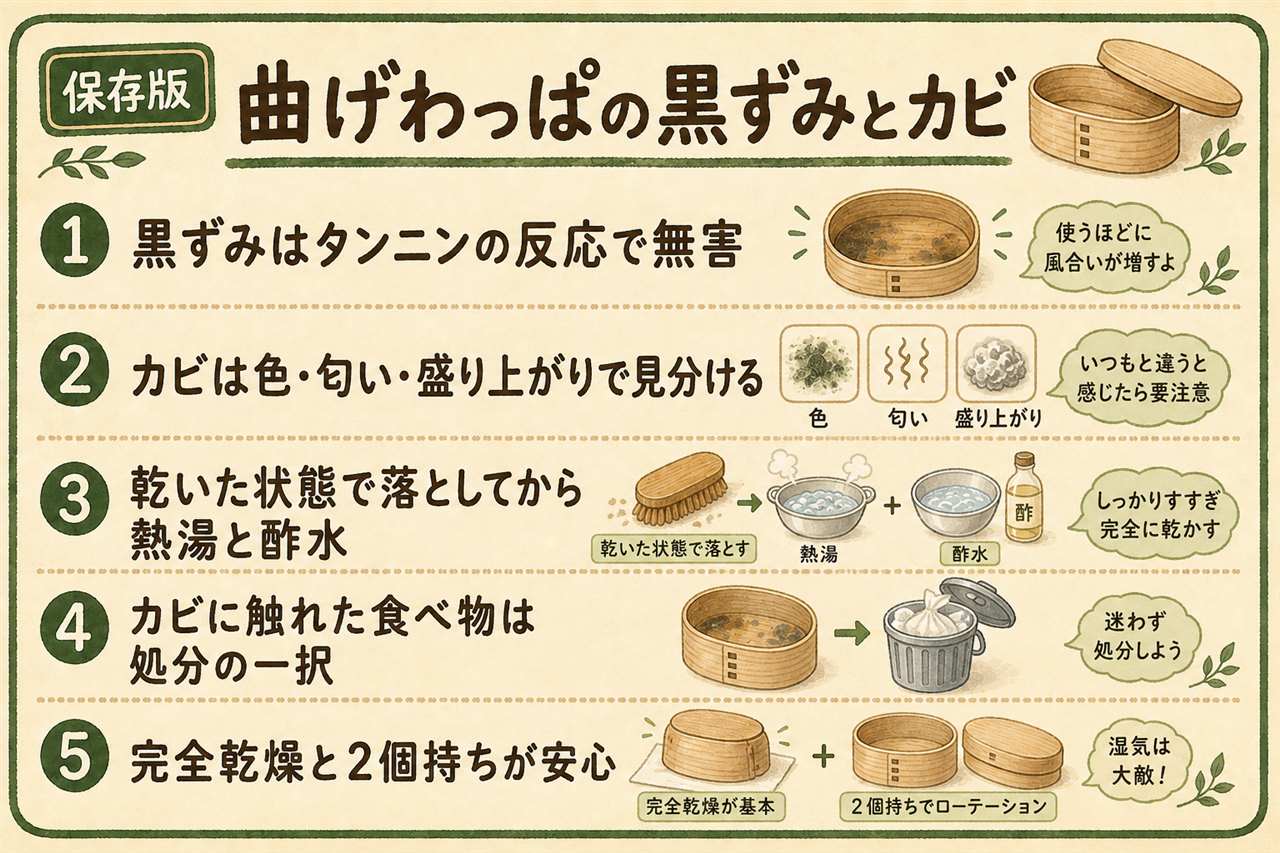 曲げわっぱの黒ずみとカビの見分けカード:黒ずみはタンニン反応で灰色〜青黒が面でにじみ平らで無臭、カビは白・青緑・黒が点で出て盛り上がりかび臭い、軽いカビは乾いた状態で削り熱湯と酢水で手当て、接ぎ目やヒビまで及んだら買い替え、カビに触れた食品は加熱しても食べずに処分