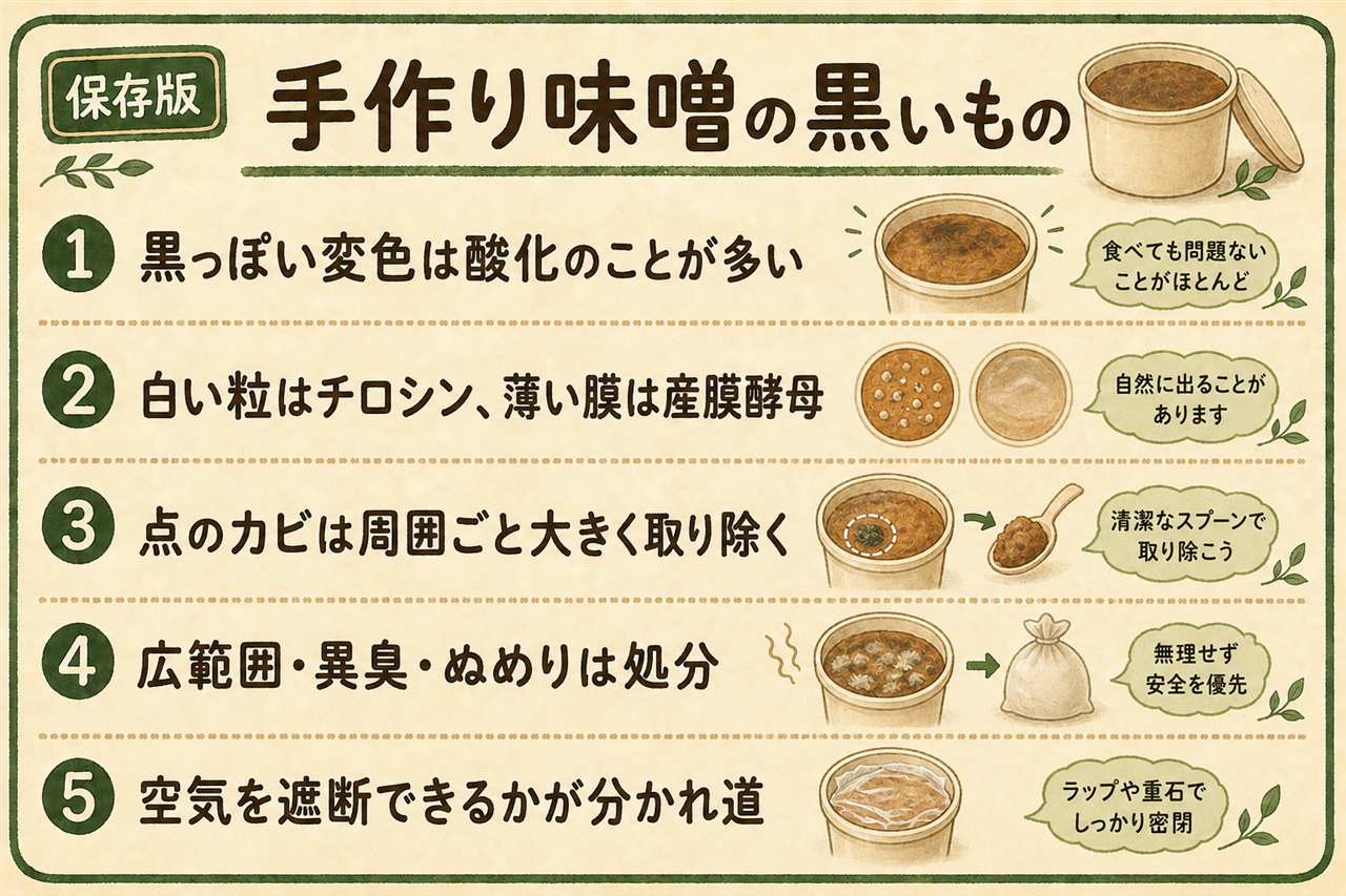 手作り味噌の表面に出るもの見分けカード:黒っぽい変色は酸化で無害、白いじゃりっとした粒はチロシンで熟成の証、薄い白い膜は産膜酵母ですくって取る、青緑や黒のふわふわはカビで点なら周囲1センチごと除去して塩蓋、広範囲や異臭があれば処分、カビ毒は加熱で分解されない