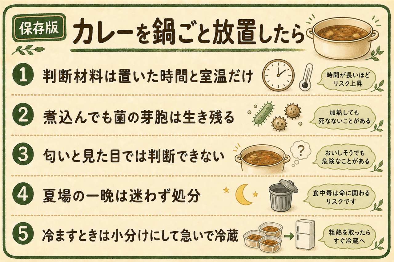 カレーの具を常温放置してしまった時の判断カード:夏場に一晩置いたら処分、涼しい季節でも一晩は推奨しない、短時間で冷蔵したなら全体を沸騰させてから使う、ウェルシュ菌の芽胞は煮込みでは死なない、匂いや見た目では判断できない、迷ったら処分