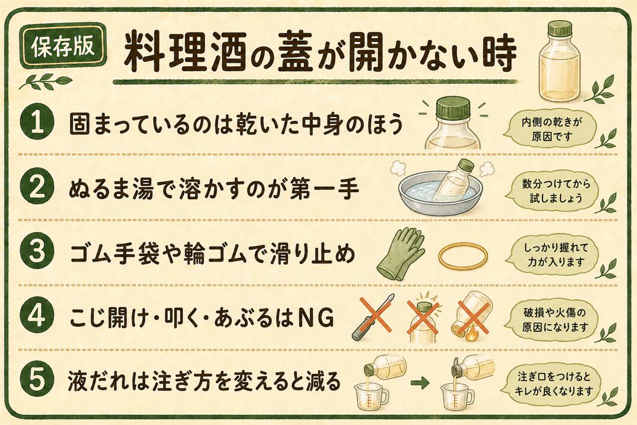 料理酒の蓋が開かない時のカード:原因は乾いて固まった糖分、まず40から50度のぬるま湯に浸ける、次にゴム手袋か輪ゴムで滑り止め、それでもだめならお湯の布を巻いて待つ、刃物でこじ開けるのは割れて危険、中栓はねじりながら持ち上げる、閉める前に口をひと拭き