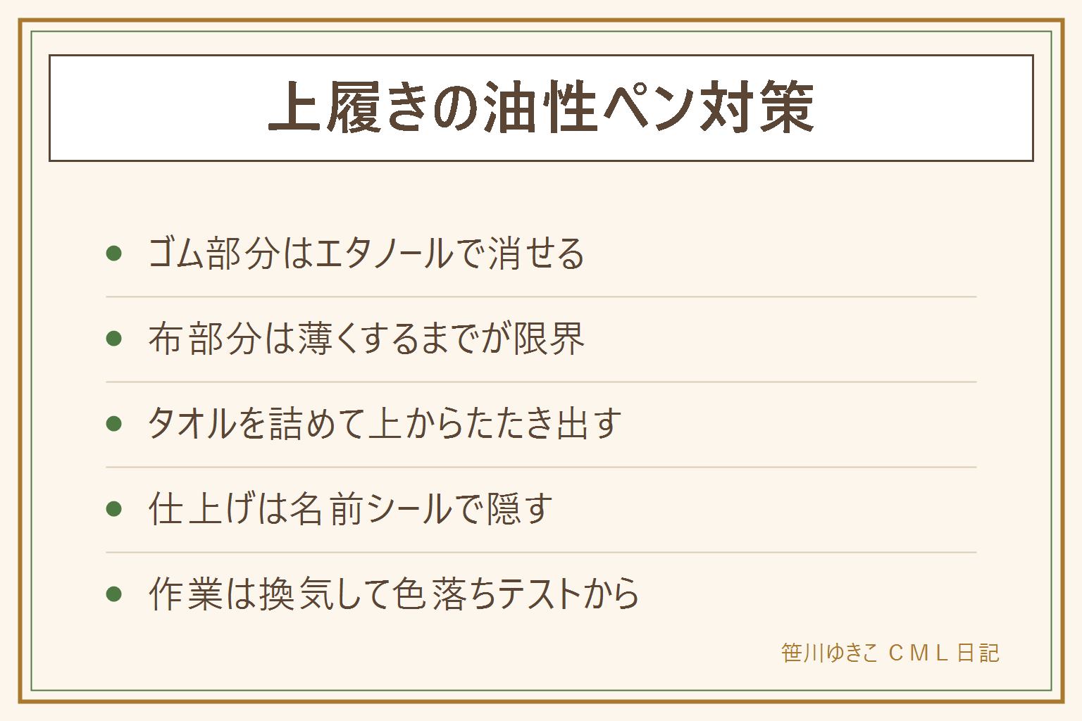 上履きの油性ペンの落とし方カード:ゴム部分はエタノールを押し当てて一方向に拭き、メラミンスポンジ、残りは除光液の順で消せる。布部分は内側にタオルを詰めてエタノールで上からたたき裏へ追い出して薄くするまでが限界、そのあと名前シールや布用白ペンやワッペンで隠す。作業は換気して先に色落ちテスト、次からは乾いた布に布用ペンで書く