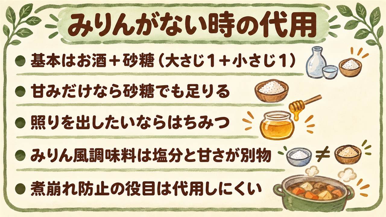 みりんが無い時のおきかえカード:基本は酒大さじ1と砂糖小さじ1、照り重視は砂糖を多めにして煮詰める、砂糖だけは甘み担当で臭み消しは不可、めんつゆはしょうゆを減らして調整、みりん風調味料はアルコールがほぼ入っていない