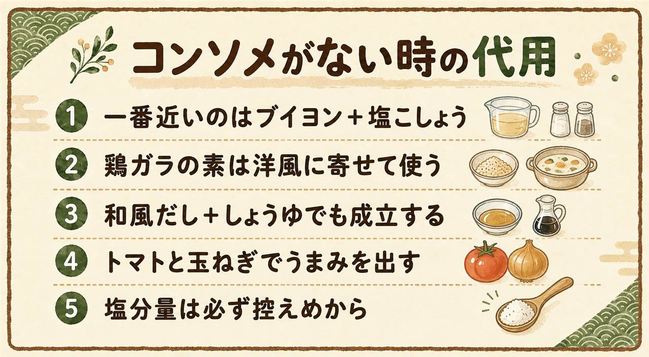 コンソメが無い時のおきかえカード:コンソメはブイヨンに味つけをしたもの、いちばん近いのはブイヨンと塩こしょう、鶏ガラスープの素は黒こしょうとバターで洋風に寄せる、和風だしとしょうゆで和風にずらす、玉ねぎとトマトとベーコンで野菜のうまみを出す