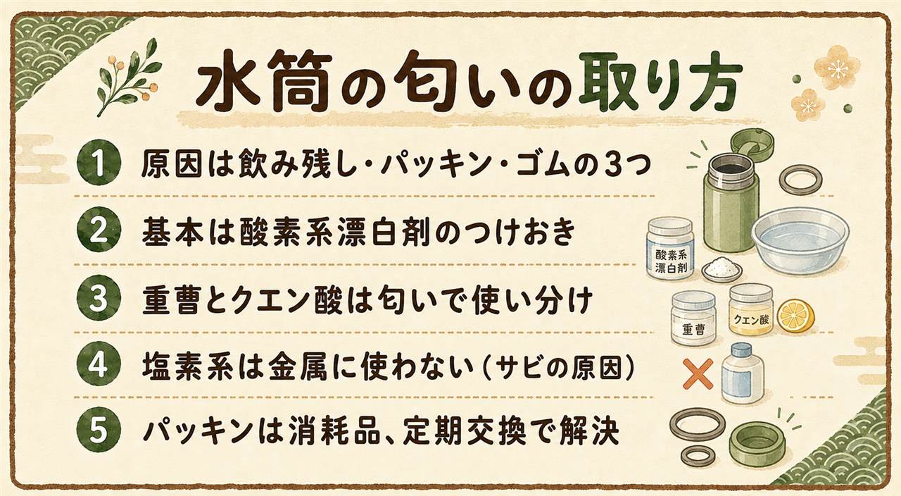 水筒の匂い対処カード:飲み物の残りは酸素系漂白剤でぬるま湯500mlに3gを30分つけおき、フタが臭う時はパッキンを全部外して別容器でつけおき、洗っても匂うパッキンは交換、金属本体に塩素系漂白剤はサビと穴あきの原因でNG、塩素系とクエン酸は有毒ガスが出るので絶対に混ぜない
