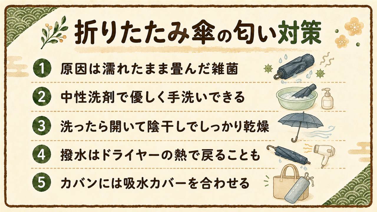 折りたたみ傘の匂い対策カード:匂いの正体は濡れたまま畳んで増えた雑菌、綿や麻の日傘は洗えない、薄めた中性洗剤でこすらず叩き洗い、開いたまま陰干しで完全に乾かす、乾いてからドライヤーの温風を20から30センチ離して動かしながら当てると撥水が戻る、同じ場所に熱を留めると生地が溶ける