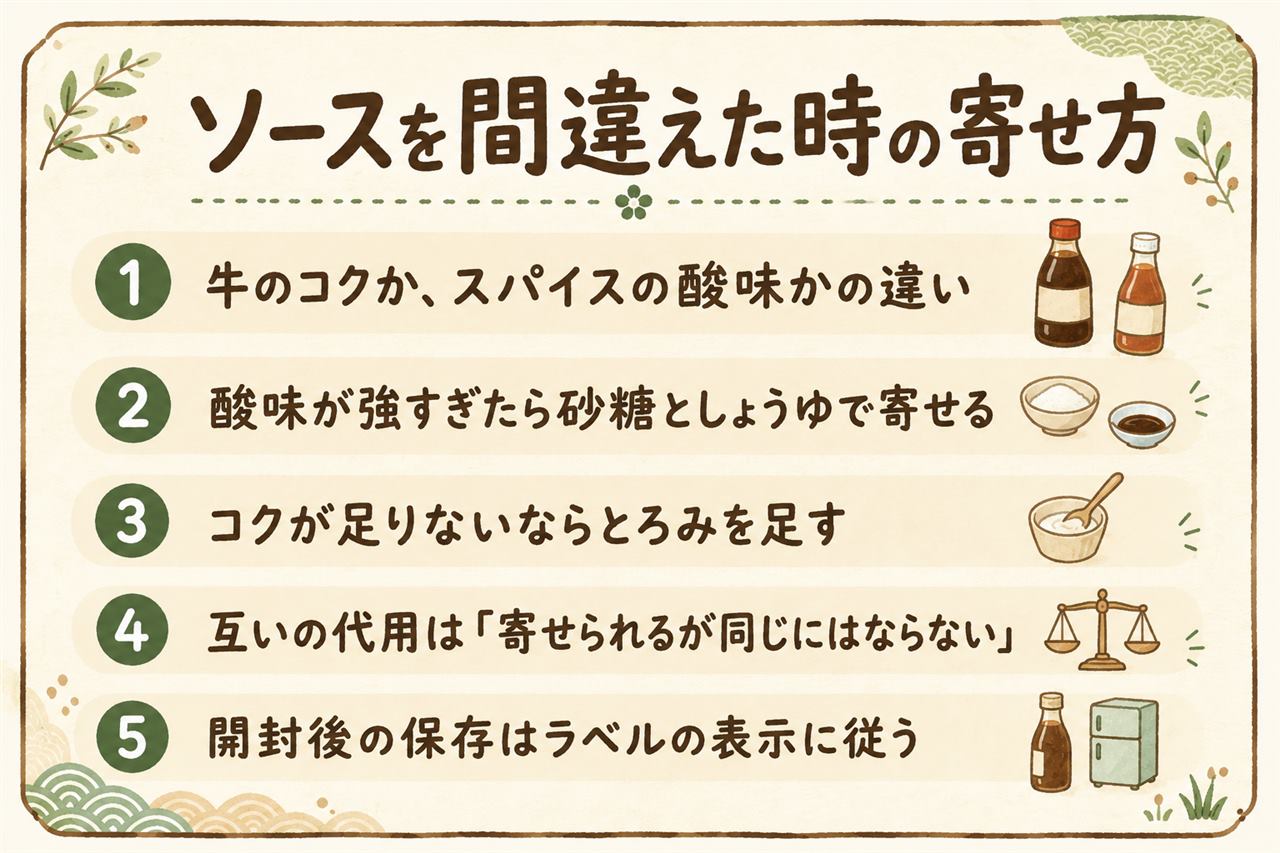 オイスターソースとウスターソースを間違えた時のカード:オイスターは牡蠣の旨みと甘みでとろみあり、ウスターは野菜果物と香辛料で酸味あり、ウスターを入れたら砂糖と醤油と片栗粉、オイスターを入れたら酢かレモンと黒こしょう