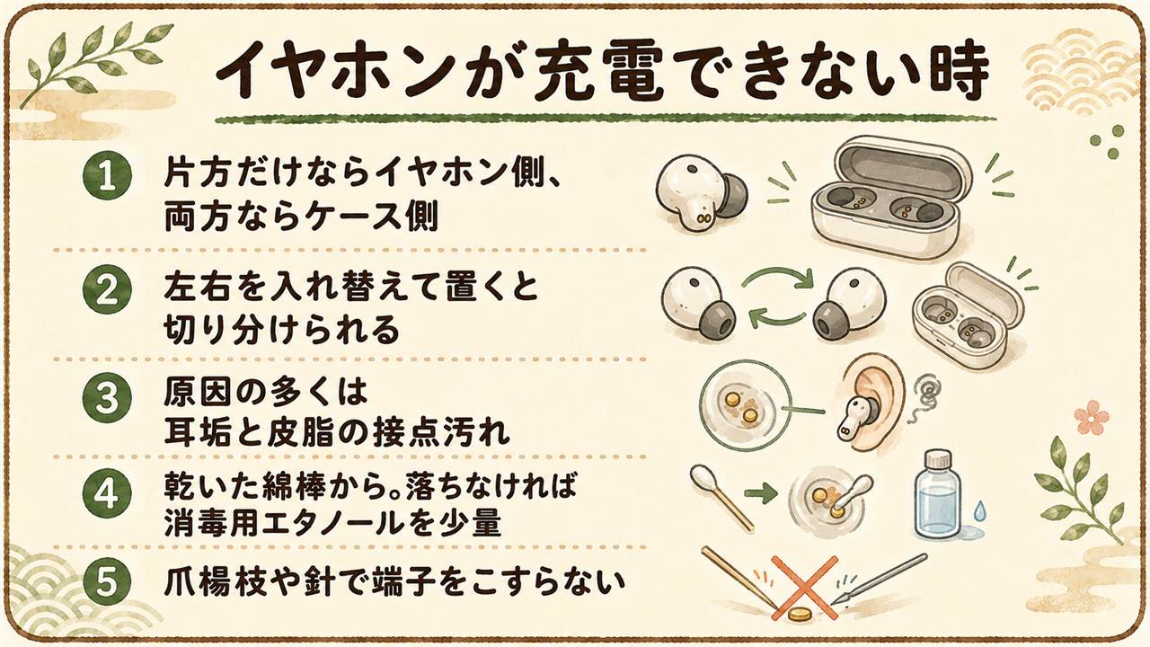ワイヤレスイヤホン充電できない早見カード:片方だけならイヤホン側で両方ならケース側、左右を入れ替えて置いて切り分ける、原因の多くは耳垢と皮脂の接点汚れ、乾いた綿棒から消毒用エタノールを少量、ケース側の接点も拭く、爪楊枝や針でこすらない、水洗いと分解はしない、2から3年で持ちが落ちるのは寿命