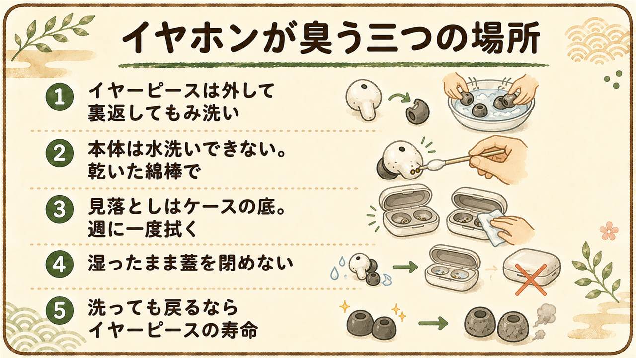 ワイヤレスイヤホンのにおい早見カード:発生源はイヤーピースと本体の網目とケースの底の三か所、イヤーピースは外して裏返しぬるま湯と中性洗剤でもみ洗いし完全に乾かす、本体は水洗いできず乾いた綿棒と消毒用エタノールを少量、ケースの底は週一で拭き蓋を開けて乾かす、洗っても戻るならイヤーピースの寿命で交換は3か月から半年が目安