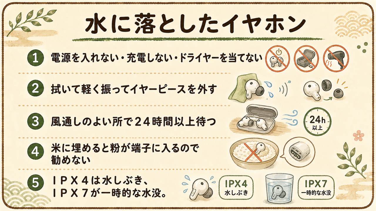 ワイヤレスイヤホン水没早見カード:電源を入れない充電しないドライヤーを当てない、外側を拭いて軽く振りイヤーピースを外して風通しのよい所で24時間以上乾かす、米に埋めるのは粉が端子に入るので勧められない、IPX4は水しぶきでIPX7が一時的な水没、トイレの水はイヤーピースを交換する、車内放置は高温による電池の劣化で別問題