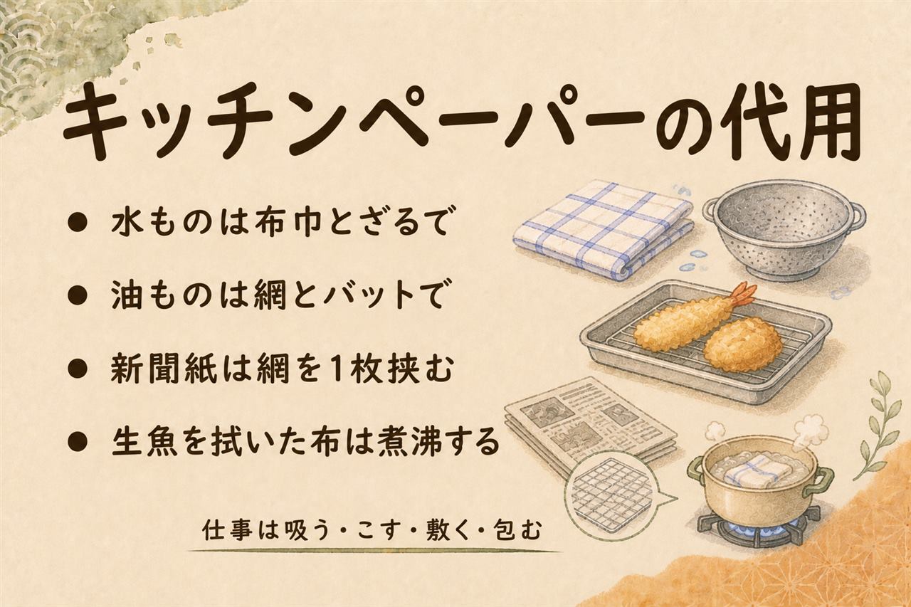 キッチンペーパーがない時の代用カード:豆腐と野菜の水切りは布巾とざる、揚げ物の油切りは網とバット、新聞紙は網を挟んでインクを食品に触れさせない、生魚を拭いた布巾は煮沸か漂白、レンジの蒸気補給は代用せずラップと水少量