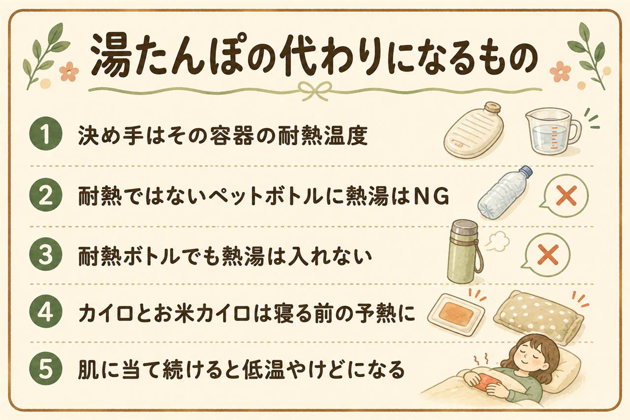 湯たんぽの代用カード:そのまま使えるのはお米カイロ・小豆カイロとレンジ用の温熱グッズ、条件つきは耐熱ペットボトル(オレンジのキャップ・50〜60℃まで)と使い捨てカイロと湯たんぽ兼用の水枕、使ってはいけないのは耐熱用ではないペットボトルとチャックつきの袋と金属の水筒とガラス瓶、どれも布で包み肌に直接当てないこと
