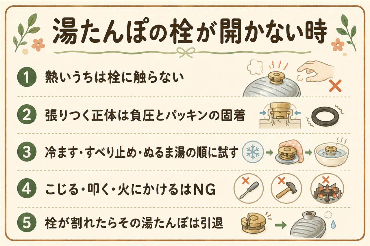 湯たんぽの栓が開かない時のカード:中が熱いうちに力ずくで開けるのは熱湯噴出の危険で絶対NG、まず完全に冷ます、ゴム手袋や輪ゴムで滑り止めを足して回す、栓のまわりだけをぬるま湯で温めて隙間を作る、小さく回して空気を入れる、熱湯をかける・工具でこじる・火にかけるのは破損のもと