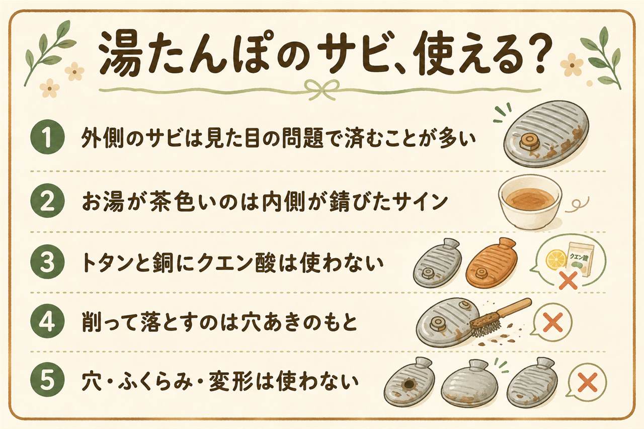 湯たんぽのサビ判断カード:外側のサビは見た目の問題でそのまま使える、内側のサビはすすぎの水の色で進行を測る、穴や膨らみや変形があるものは熱湯のやけどの危険があるので使わない、トタンと銅にクエン酸は使わない、使用後は湯を抜いて逆さに乾かし栓は締めきらない