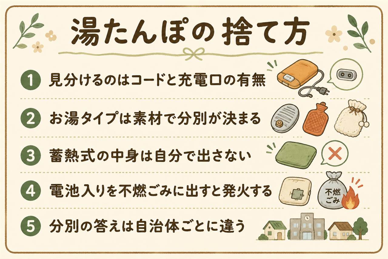 湯たんぽの捨て方カード:お湯タイプは中身を冷ましてから素材ごとに分別、蓄熱式は蓄熱材を出さず小型家電回収へ、リチウムイオン電池内蔵の充電式は不燃ごみ厳禁で回収ボックスやメーカー回収へ、分解は禁止、分別区分は自治体で確認