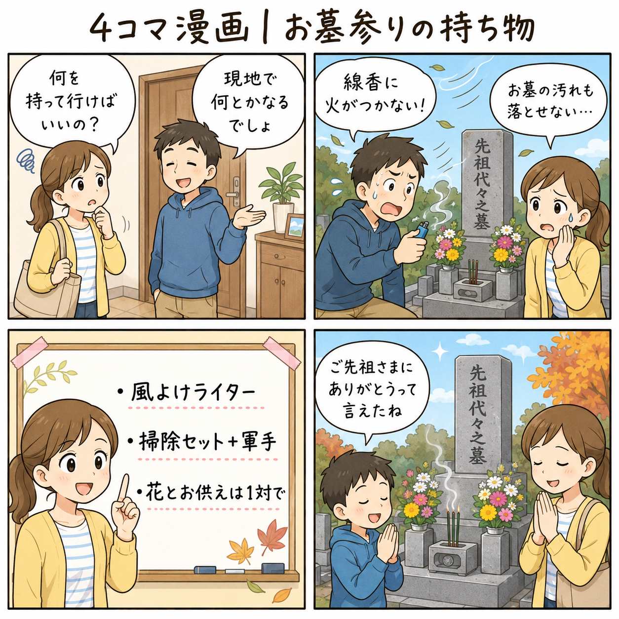 4コマ漫画|お墓参りの持ち物