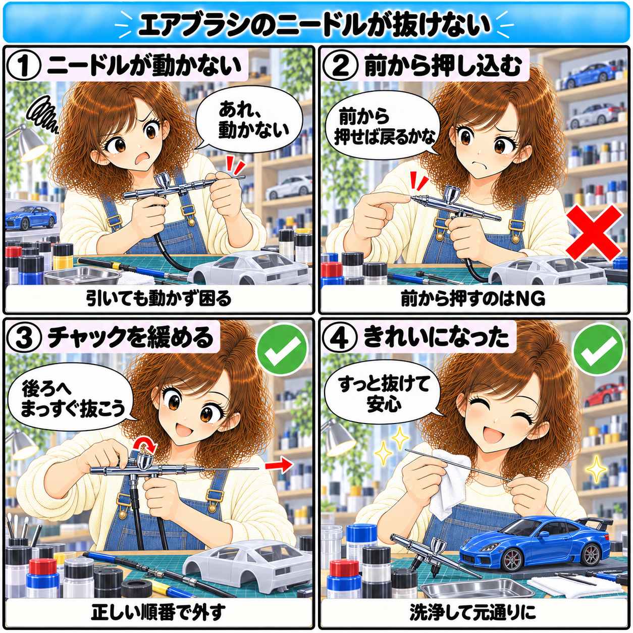 4コマ漫画:エアブラシのニードル