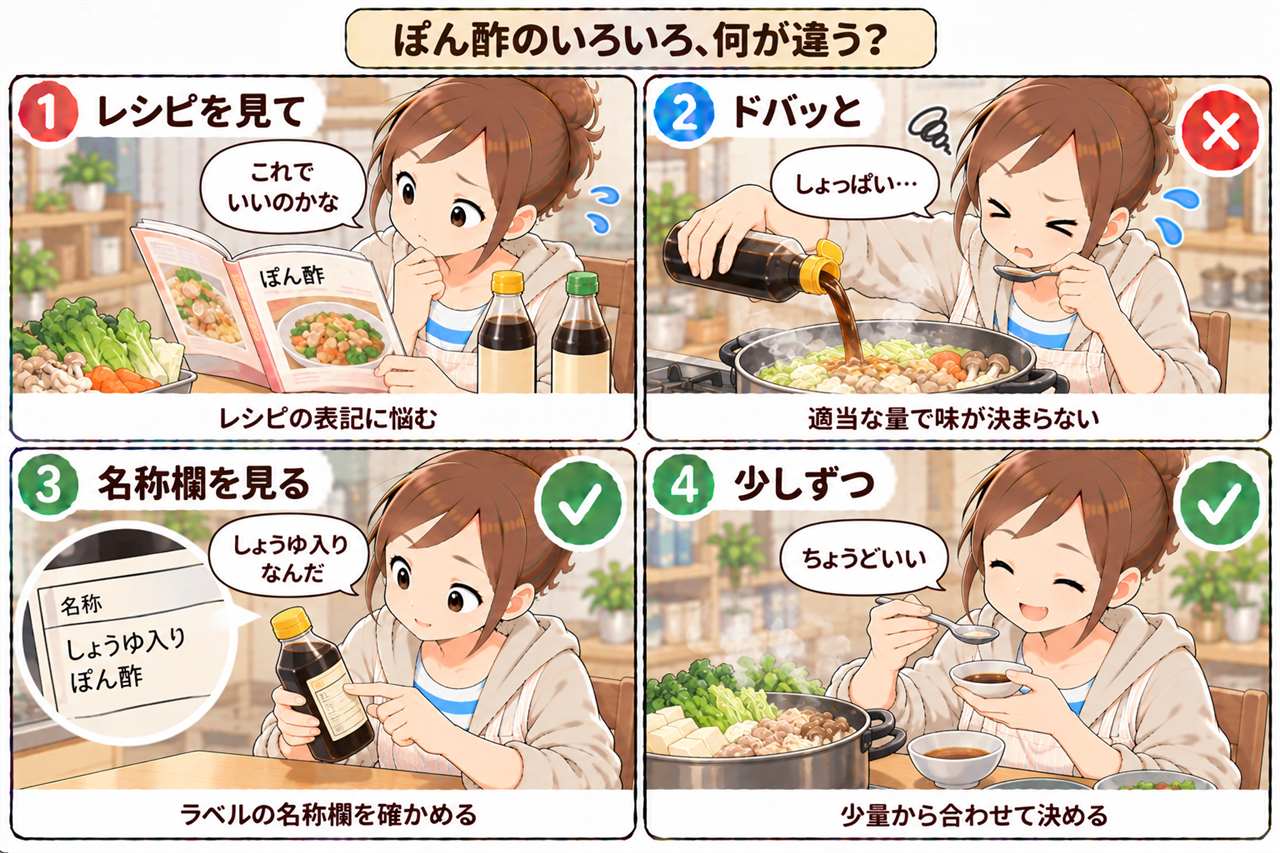 4コマ漫画:味ぽんとポン酢の違い