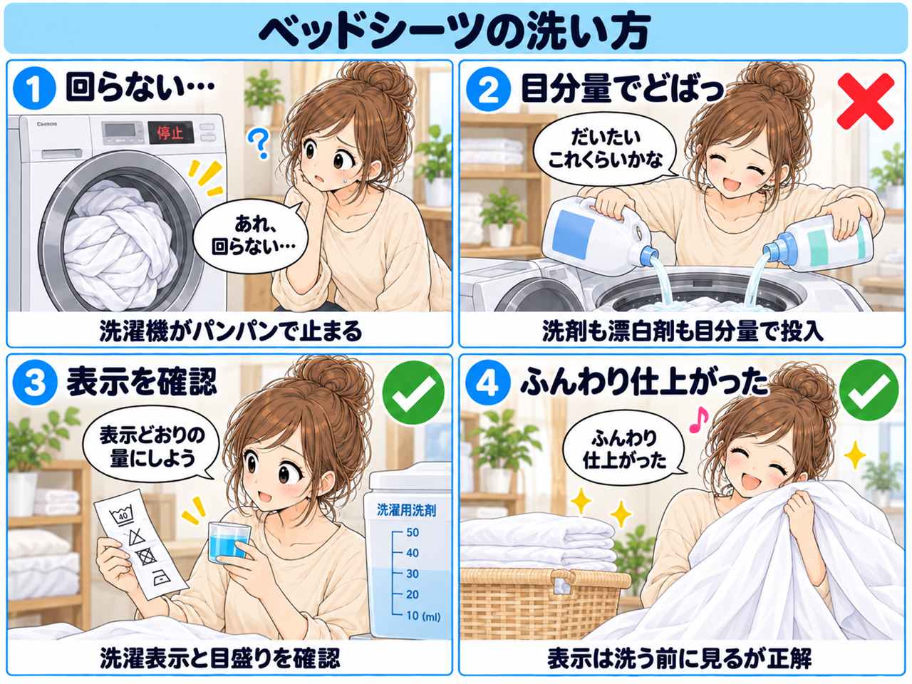 4コマ漫画:洗濯機がパンパンな日