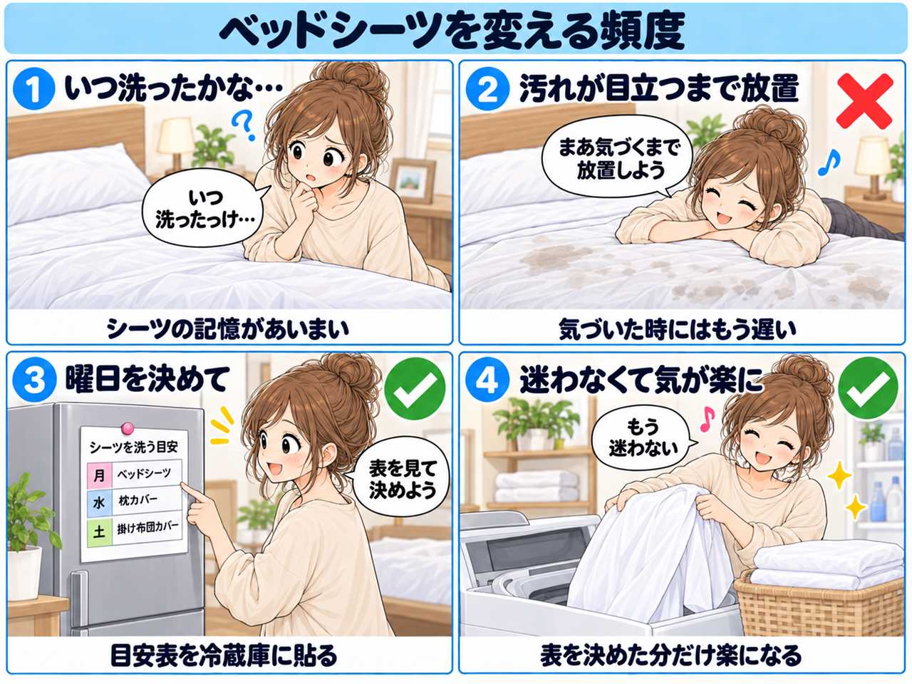4コマ漫画:シーツの替えどき