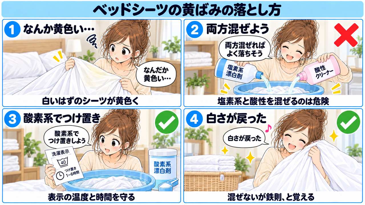 4コマ漫画:白いシーツがうっすら黄色
