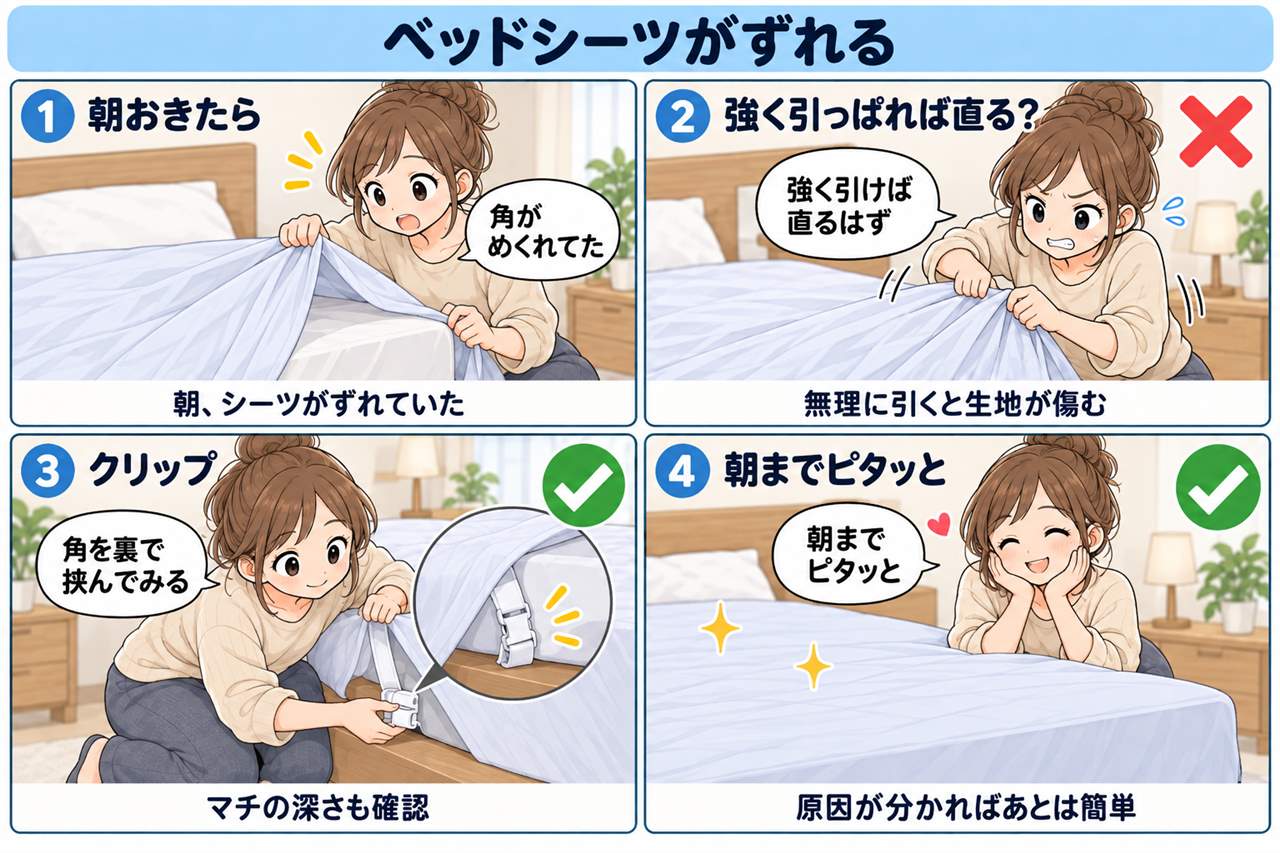 4コマ漫画:朝のシーツずれ事件