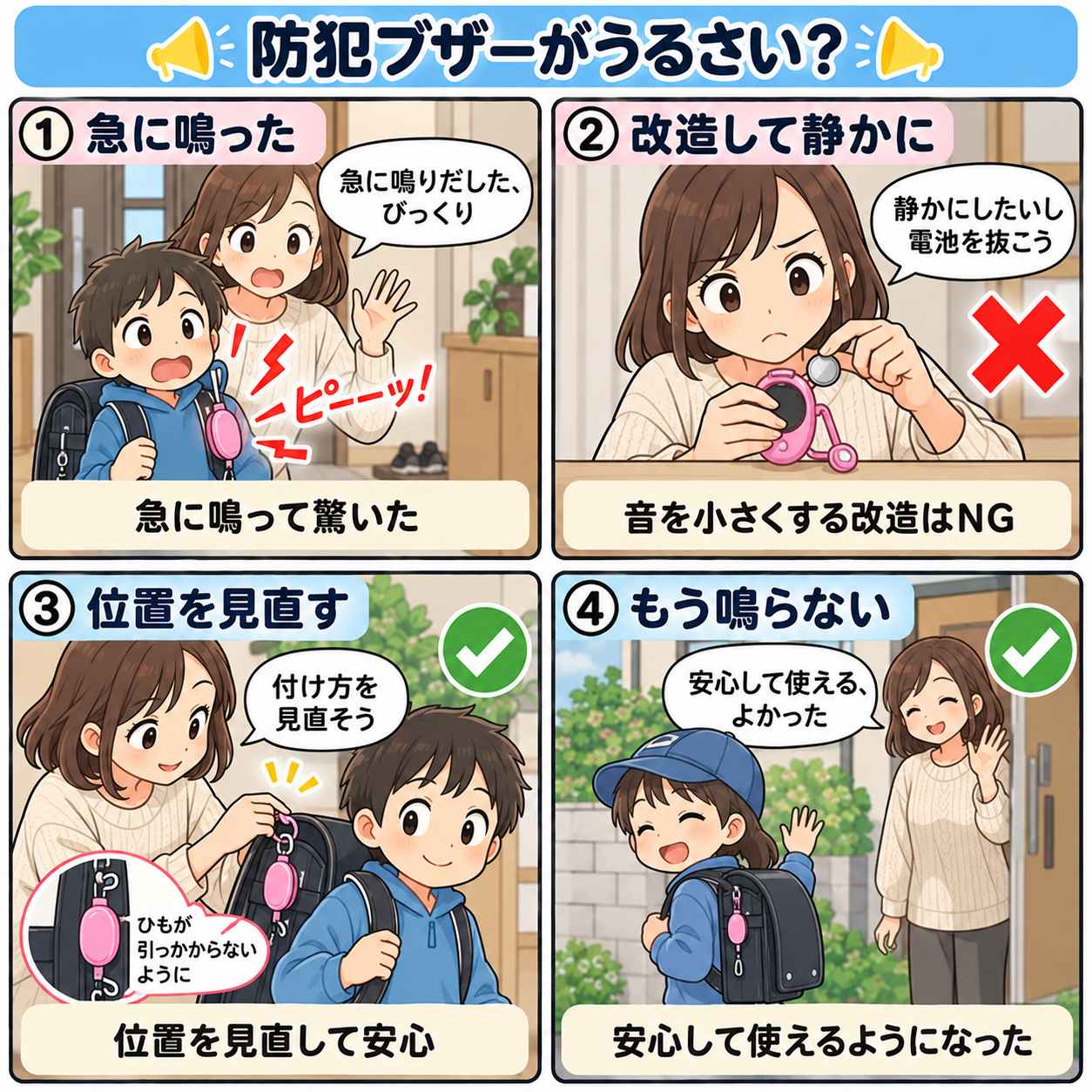 4コマ漫画:防犯ブザーがうるさい