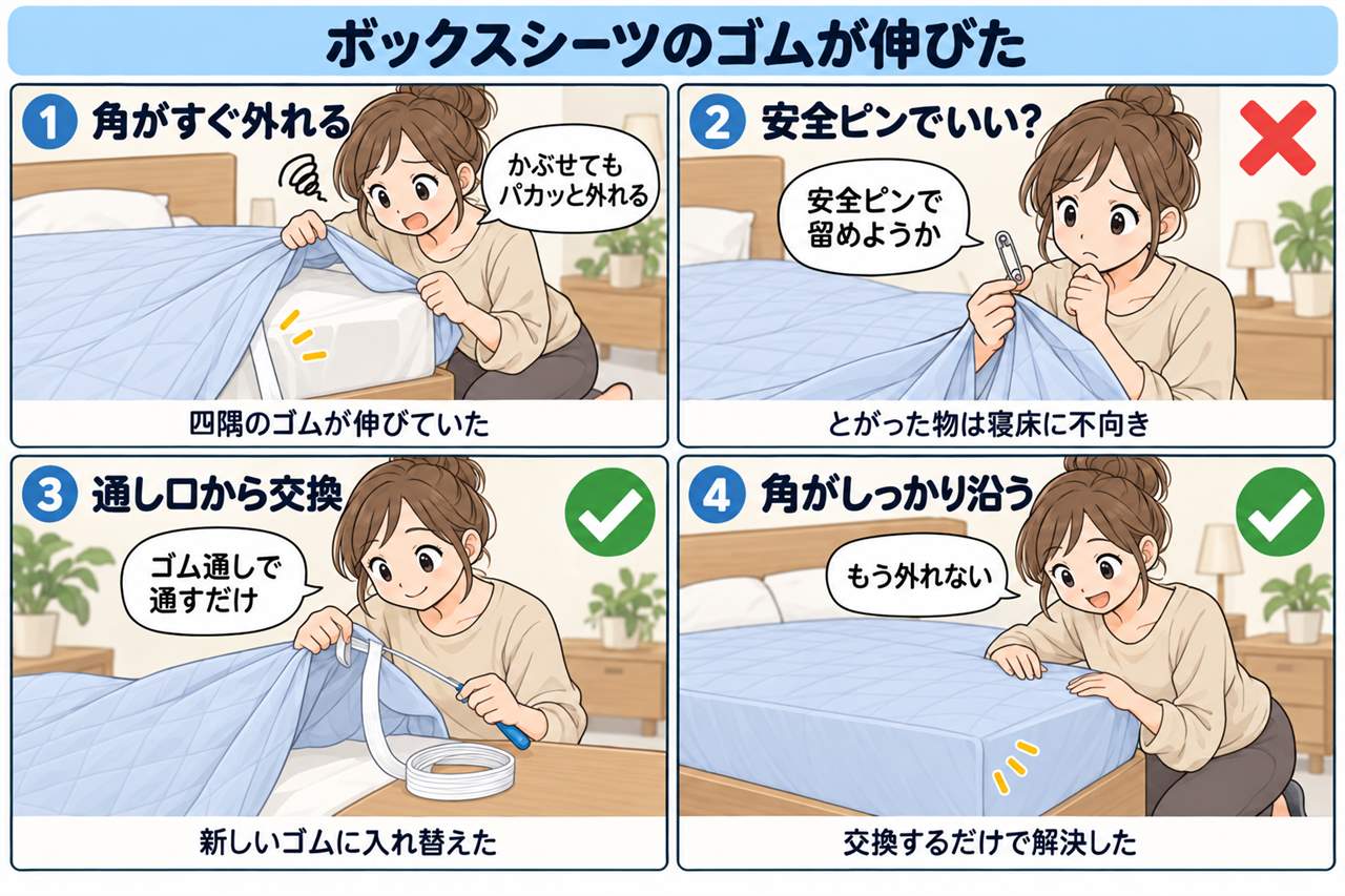 4コマ漫画:ボックスシーツの角が外れる悩みを直す