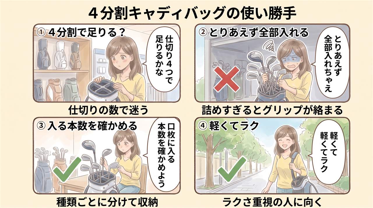 4コマ漫画:キャディバッグ4分割の使い勝手