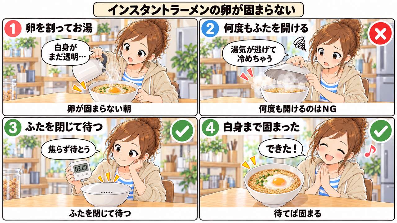 4コマ漫画:チキンラーメンの卵が固まらない