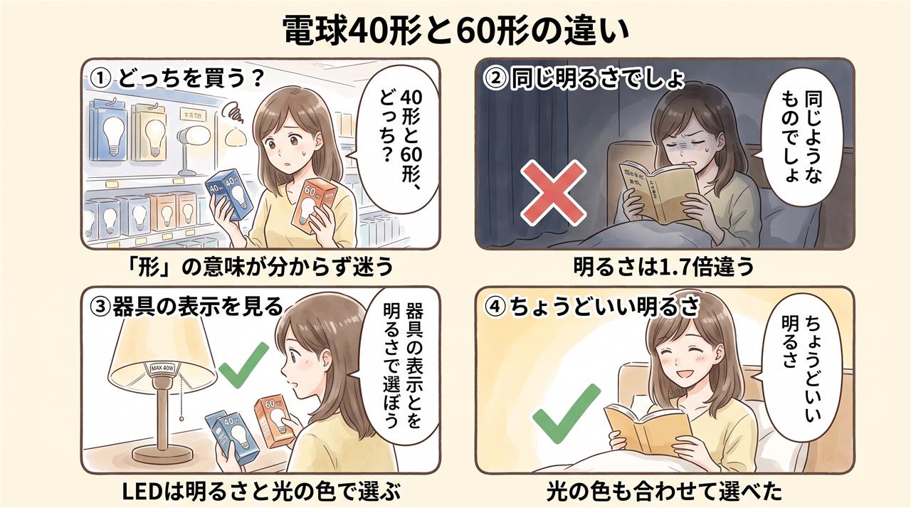 4コマ漫画：電球40形と60形の違い