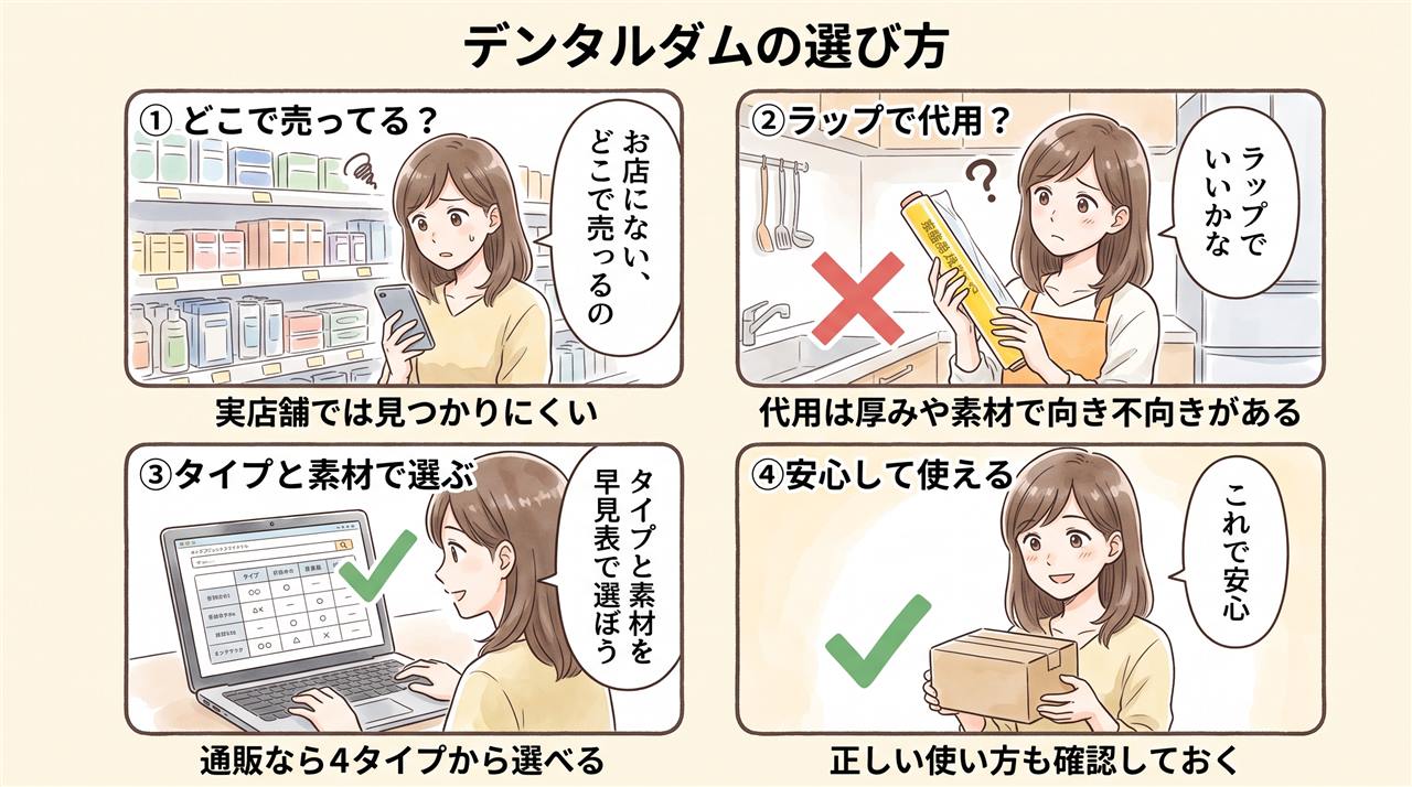4コマ漫画:デンタルダムの選び方と使い方