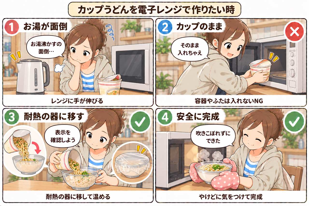 4コマ漫画:どん兵衛をレンジで作る時