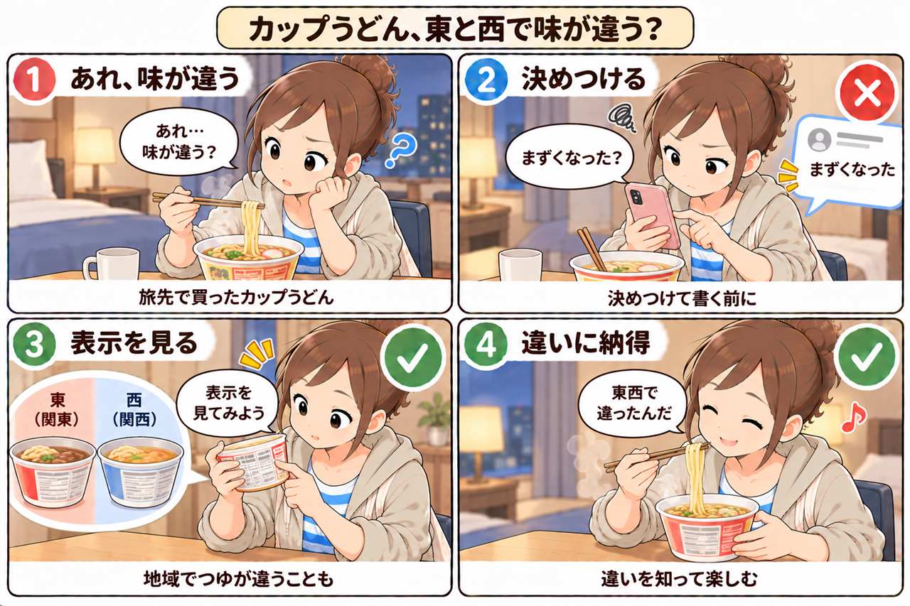 4コマ漫画:どん兵衛の東西の違い