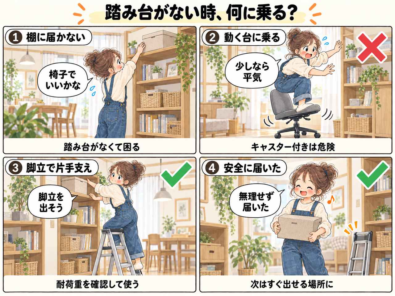 4コマ漫画:踏み台の代用。1、棚に手が届かず椅子でいいか迷う。2、キャスター付きの台に乗るのは危険。3、脚立を広げて片手で支えを持ち耐荷重を確認する。4、無理せず安全に届いた、次はすぐ出せる場所に