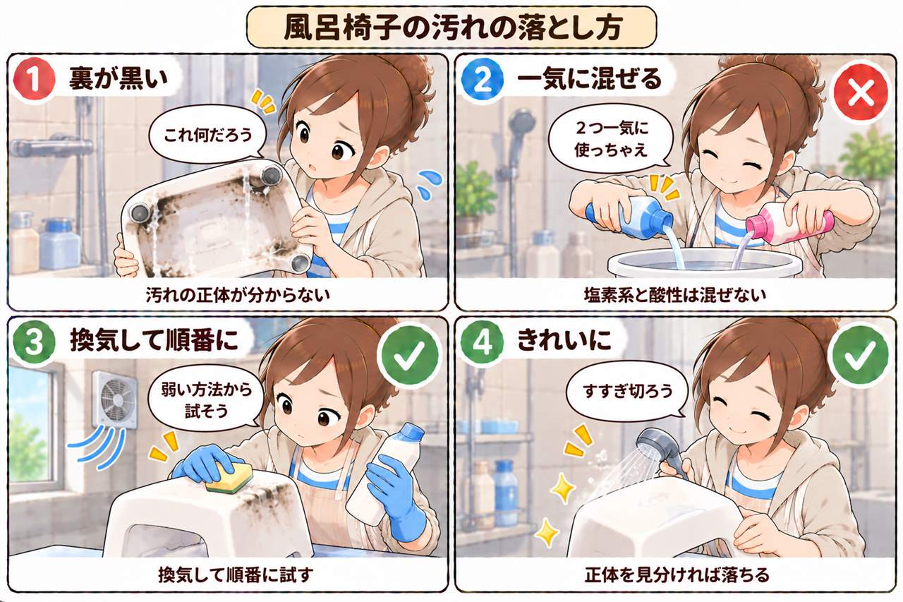 4コマ漫画:風呂椅子の汚れの落とし方