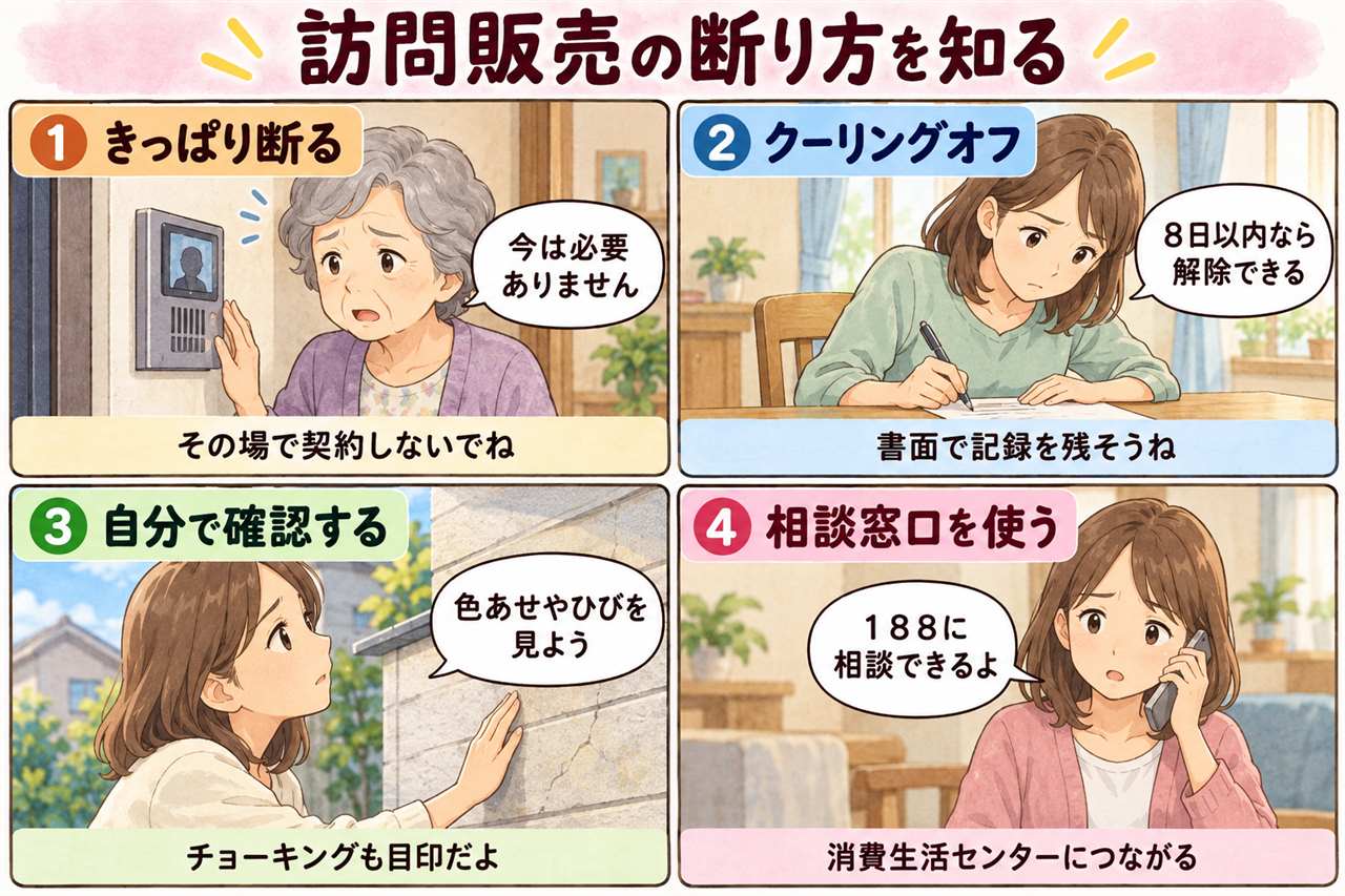 4コマ漫画:訪問販売の断り方を知る(断り方・クーリングオフ・確認・188)