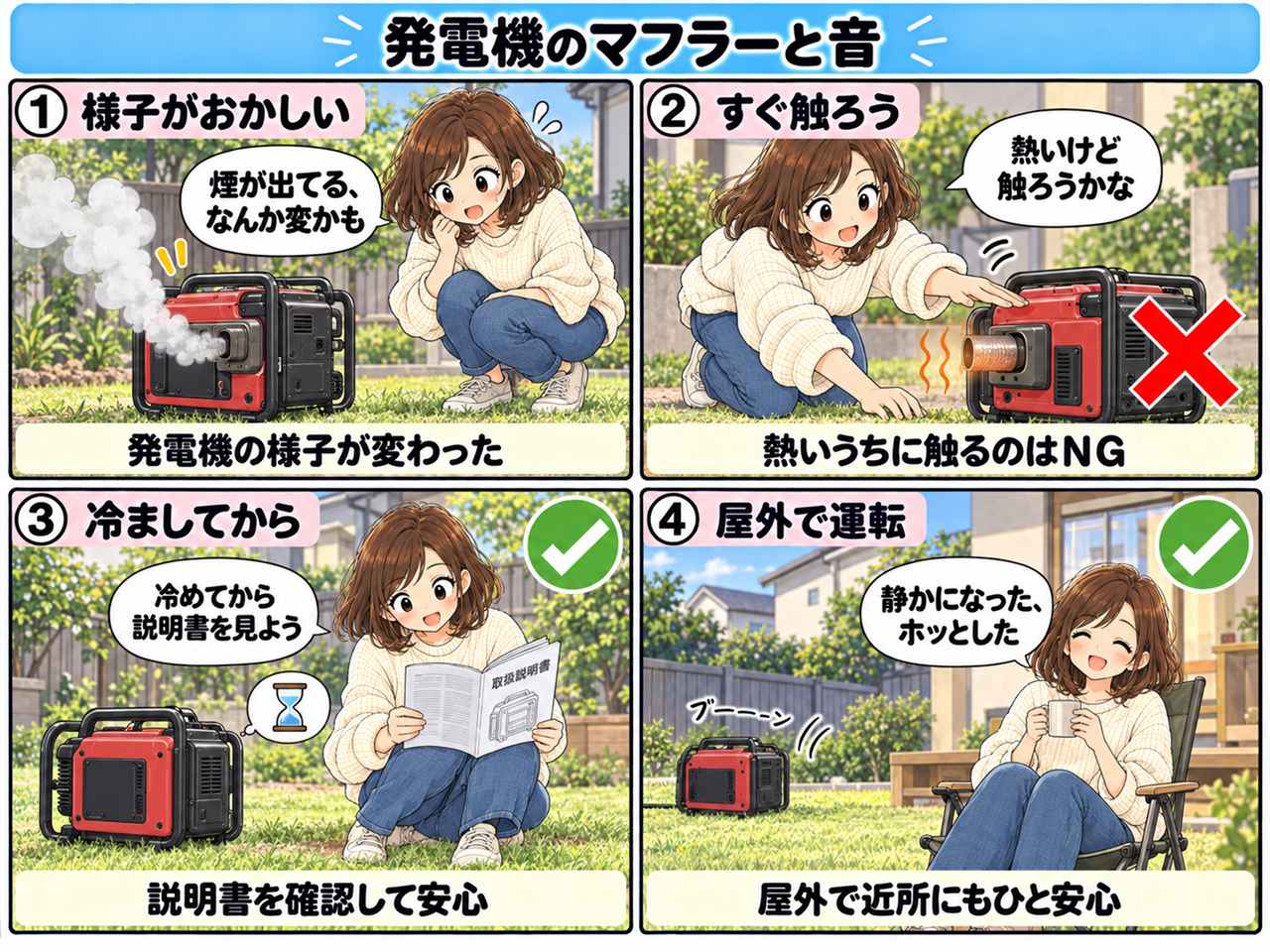 4コマ漫画：発電機のマフラーと音