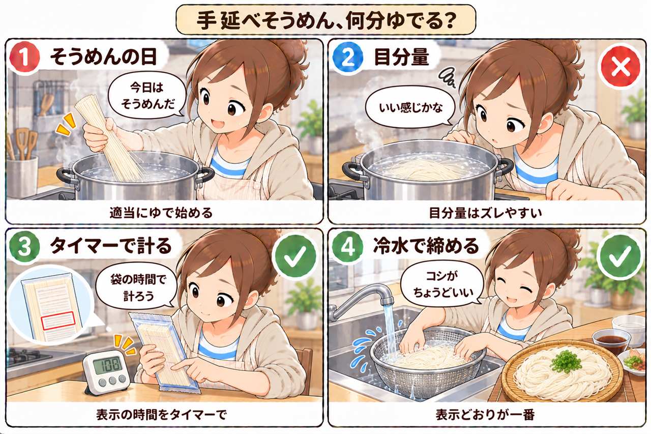 4コマ漫画:揖保乃糸の茹で時間
