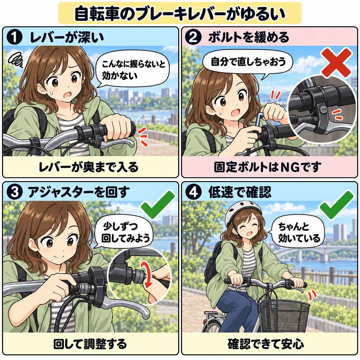4コマ漫画:ブレーキレバーの調整