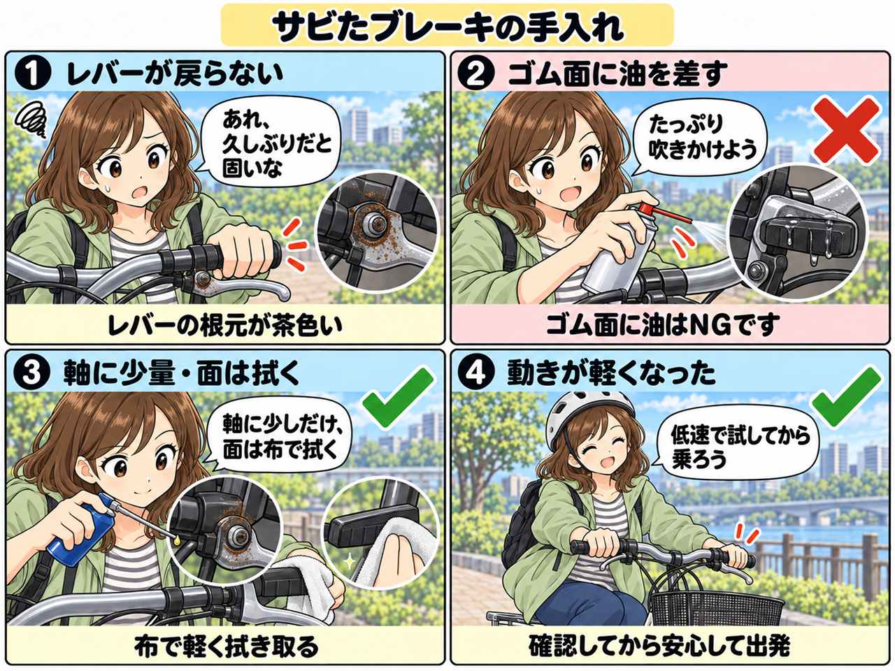 4コマ漫画:サビたブレーキの手入れ
