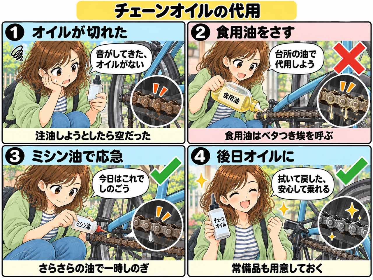 4コマ漫画:チェーンオイルの代用