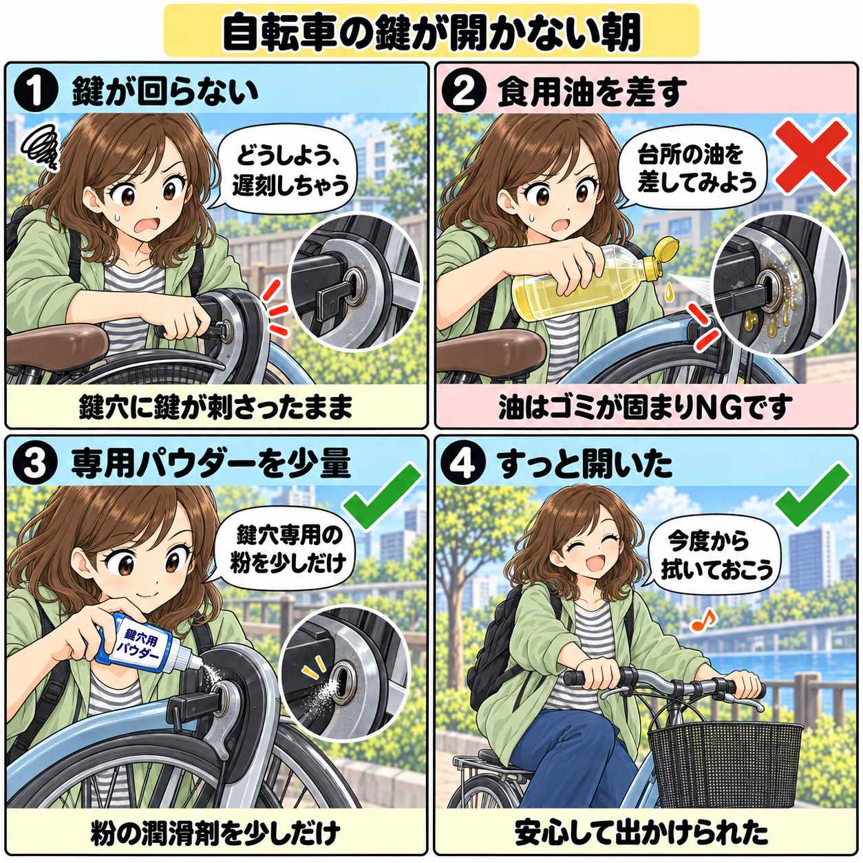 4コマ漫画:自転車の鍵が開かない