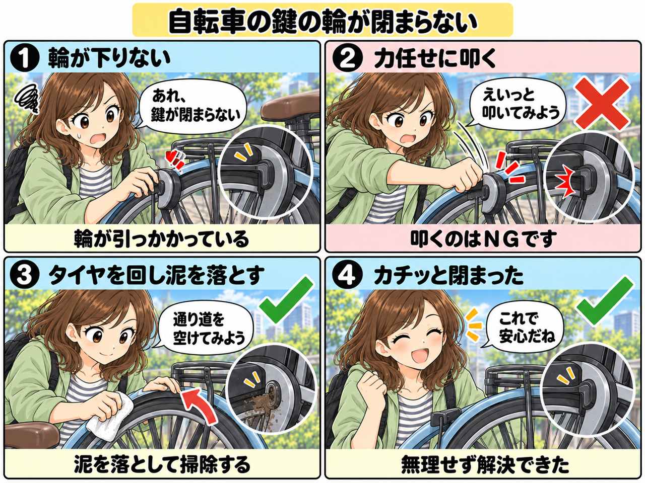 4コマ漫画:鍵の輪が閉まらない