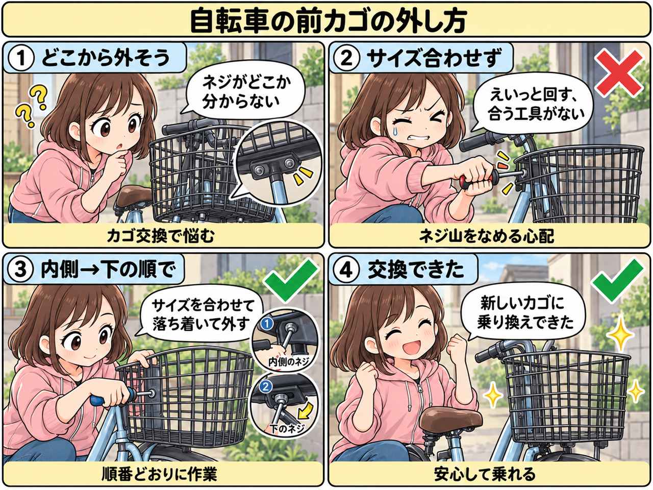 4コマ漫画:自転車の前カゴ外し