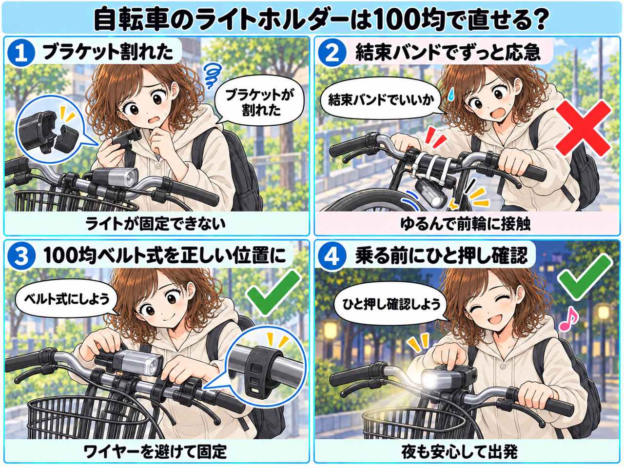 4コマ漫画:ライトホルダーを100均で直す