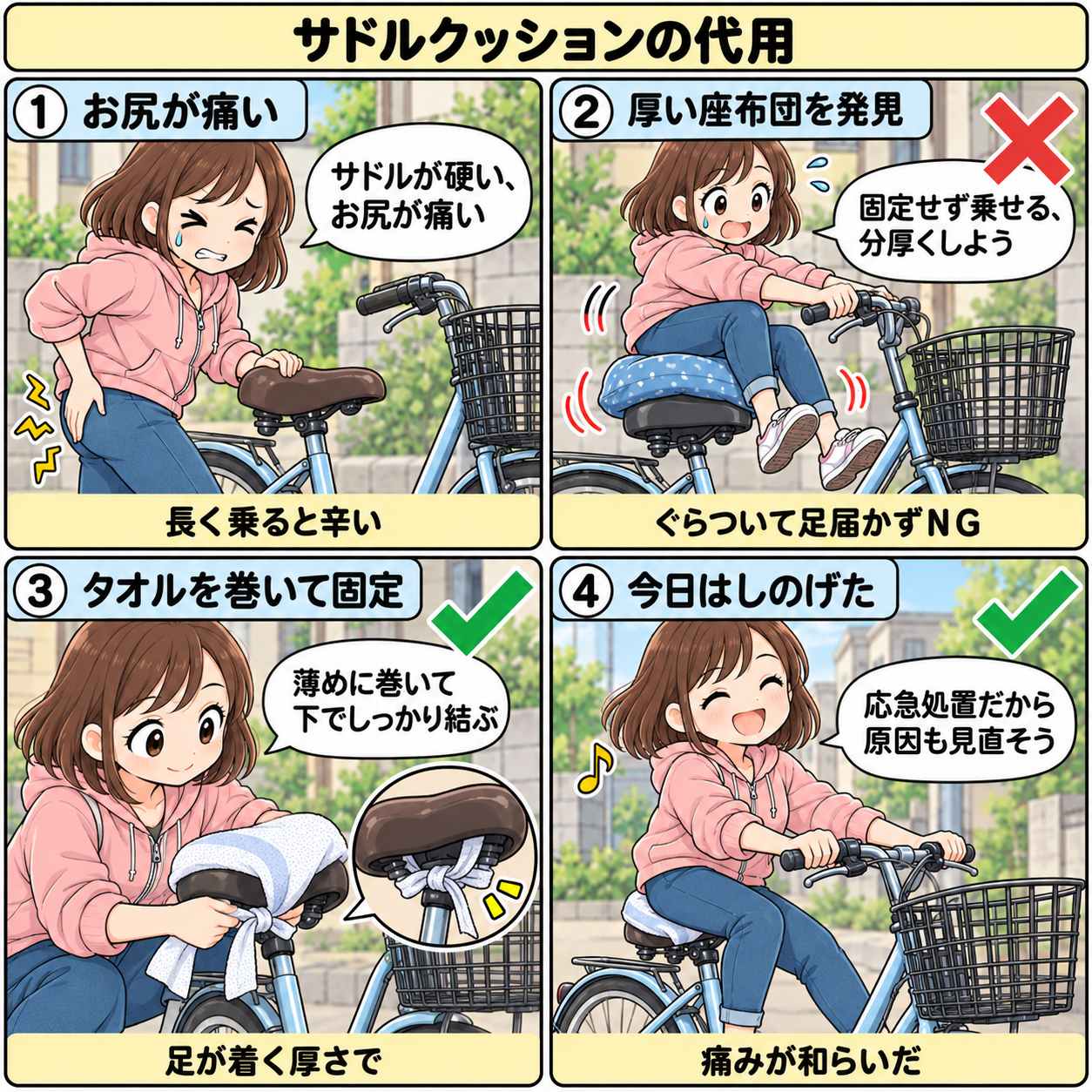 4コマ漫画:サドルのクッション代用