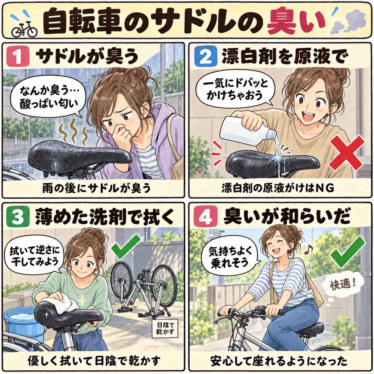 4コマ漫画:自転車のサドルの臭い